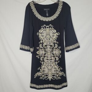 I.N.C Black Tunic Gold & Ivory Embroidery Womens Petite M Indie Festival Dress